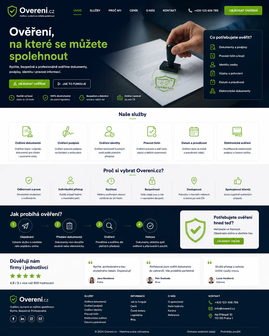 Vizuální návrh možného projektu Overeni.cz zaměřeného na ověřování identity, údajů a dokumentů